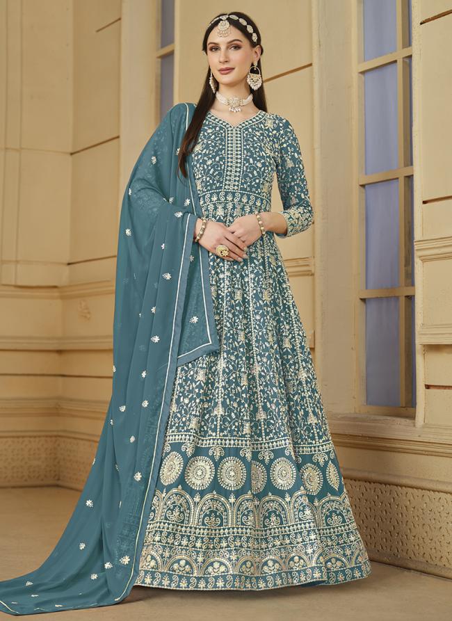 Faux Georgette Blue Wedding Wear Embroidery Work Anarkali Suit